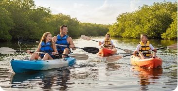 Family paddling rental kayaks together in South Florida